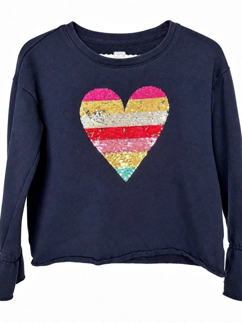 GAP Kids Girls XL 12 Navy Sequin Heart Ruffle Sleeve Sweatshirt
